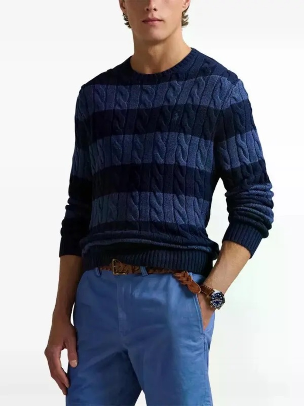 RALPH LAUREN Classics Striped Cable Knit Wool Pullover Sweater Men’s Small FLAW